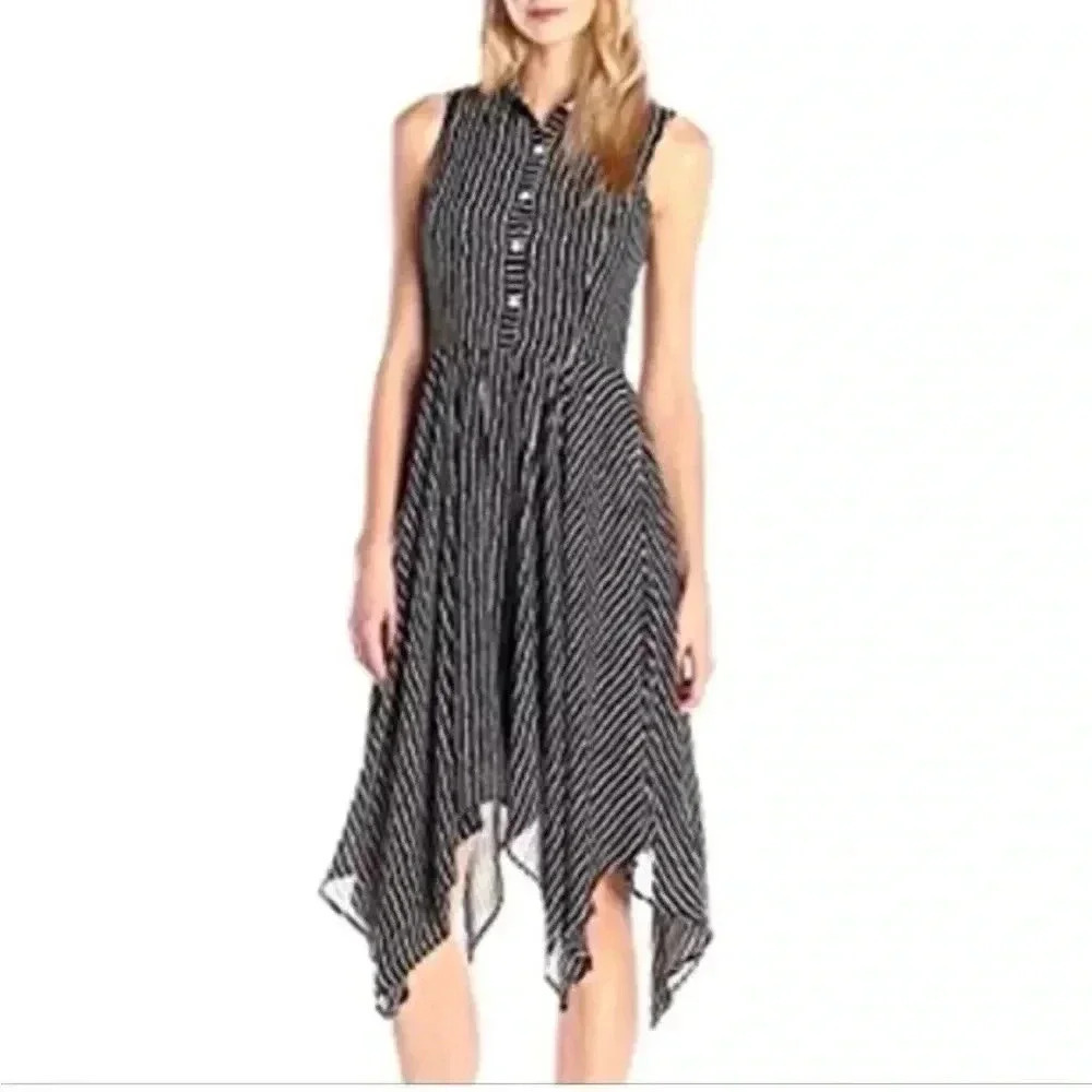 [US12]Gabby Skye white Spaghetti Striped Navy Blue Sleeveless Dress with  Collar
